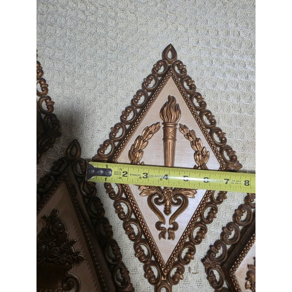 Vintage 1971 Homco Gold Diamond Wall Plaques Set of 4 Lyre Torch Urn 7226